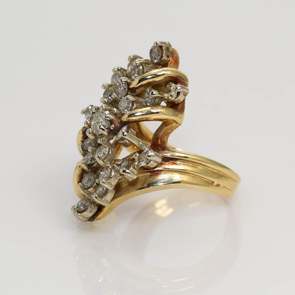 Round Cut 14K Yellow Gold Diamond Cluster Ring, 9.4gr For Sale