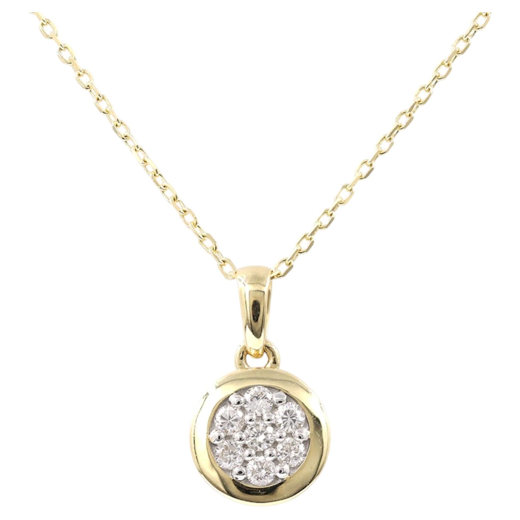 14K Yellow Gold Diamond Cluster Round Halo Pendant Necklace