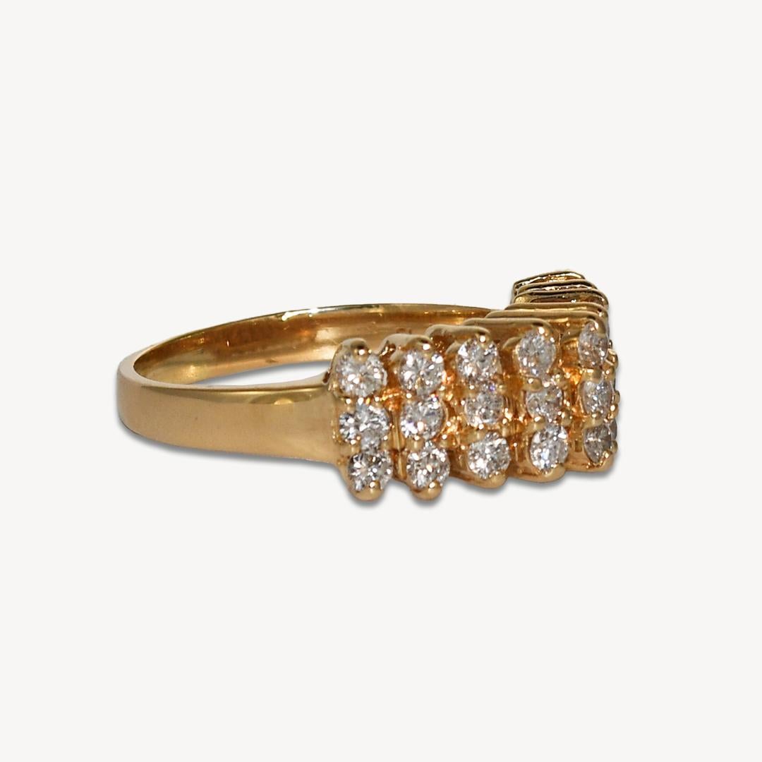 Diamond cocktail ring in 14k yellow gold.
Stamped 14k and weighs 4.6 grams.
The diamonds are round brilliant cuts, 1.00 total carats, G color, Si clarity.
The ring measures 7.8mm wide at the top. 
Ring size is 8 1/2 and can be sized.
Excellent