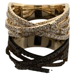 14K Yellow Gold Diamond Criss Cross Ring 0.88ctw Multi Row Pave Size 7