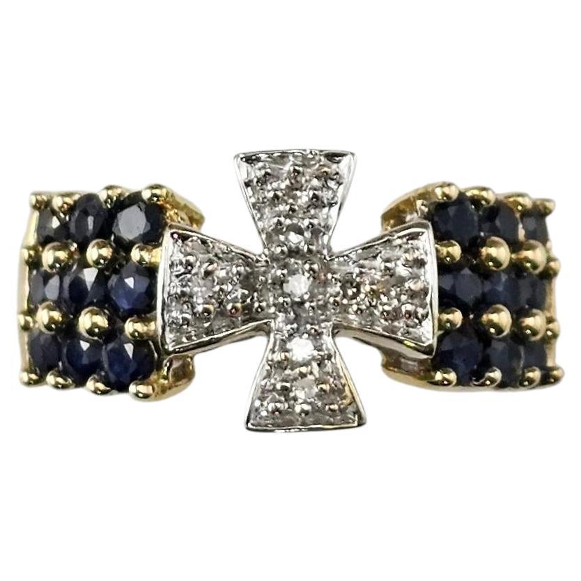 14K Yellow Gold Diamond Cross and Blue Stone Ring Size 6.25 #24172 For Sale