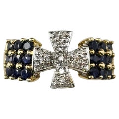 14K Yellow Gold Diamond Cross and Blue Stone Ring Size 6.25 #24172