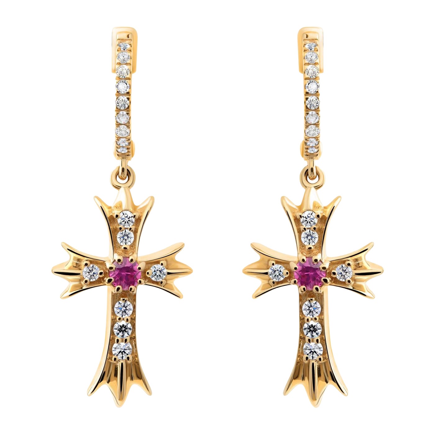 14k Yellow Gold Diamond Cross Hoop Earrings Set of 3
