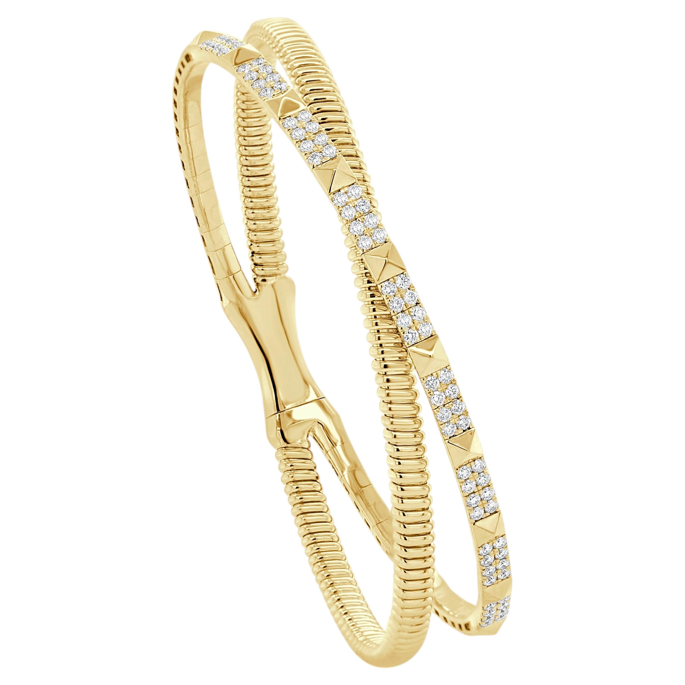 14K Yellow Gold Diamond Cross Over Stackable Bangle