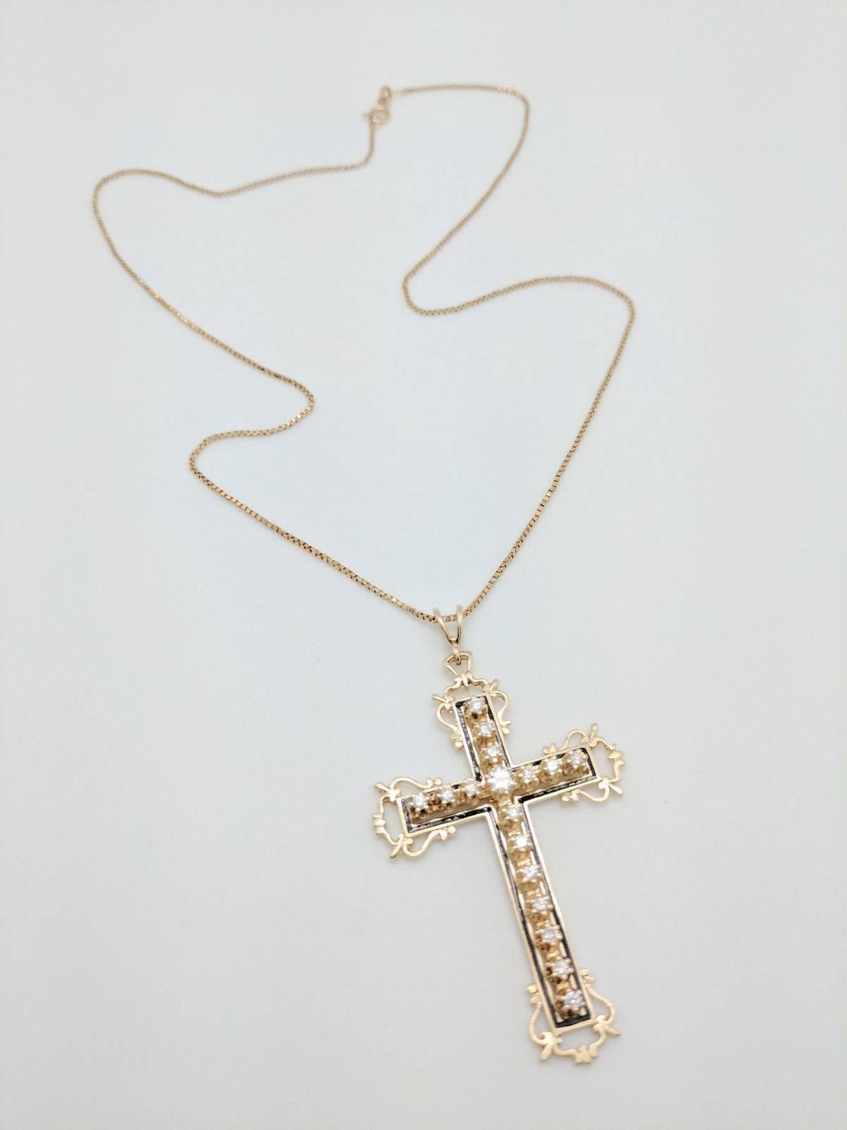 14 Karat Yellow Gold Diamond Cross Pendant Necklace For Sale 2
