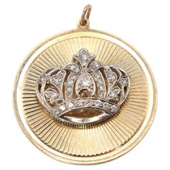 14K Yellow Gold Diamond Crown Circle Pendant