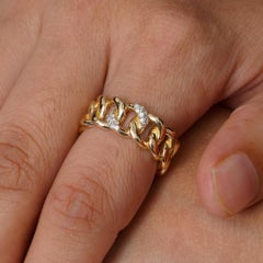 14k Yellow Gold Diamond Cuban Link Chain Full Band Ring Fine Jewelry US 7