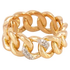 14k Yellow Gold Diamond Cuban Link Chain Full Band Ring Fine Jewelry US 7