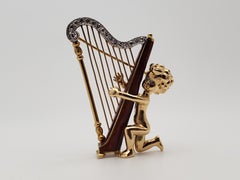 William Ruser Cupid Harp 14K Yellow Gold Diamond Brooch