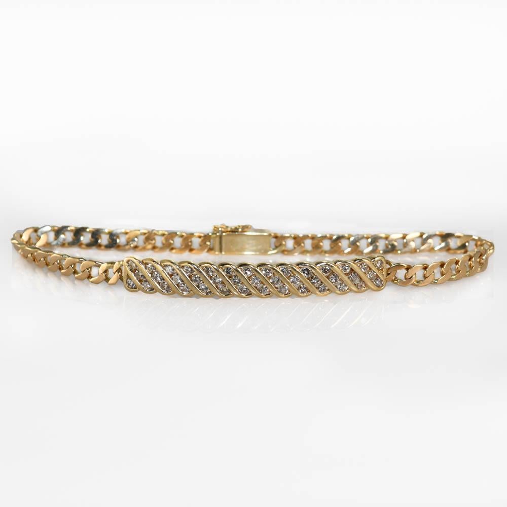 Taille ronde Bracelet à maillons courbes en or jaune 14 carats et diamants 1,15 carat en vente