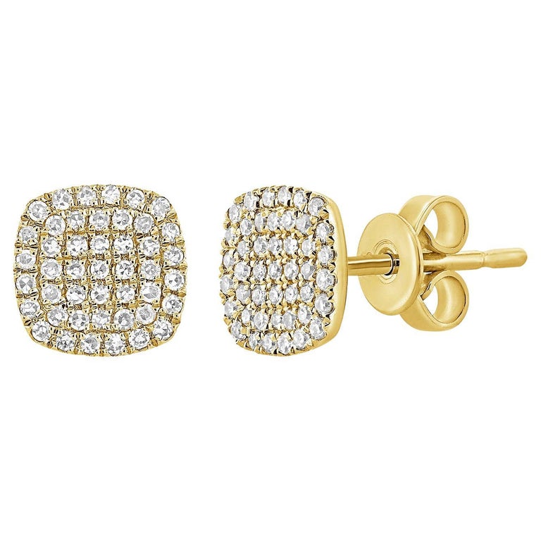14K Yellow Gold Diamond Cushion Shape Pave Stud Earrings For Sale at