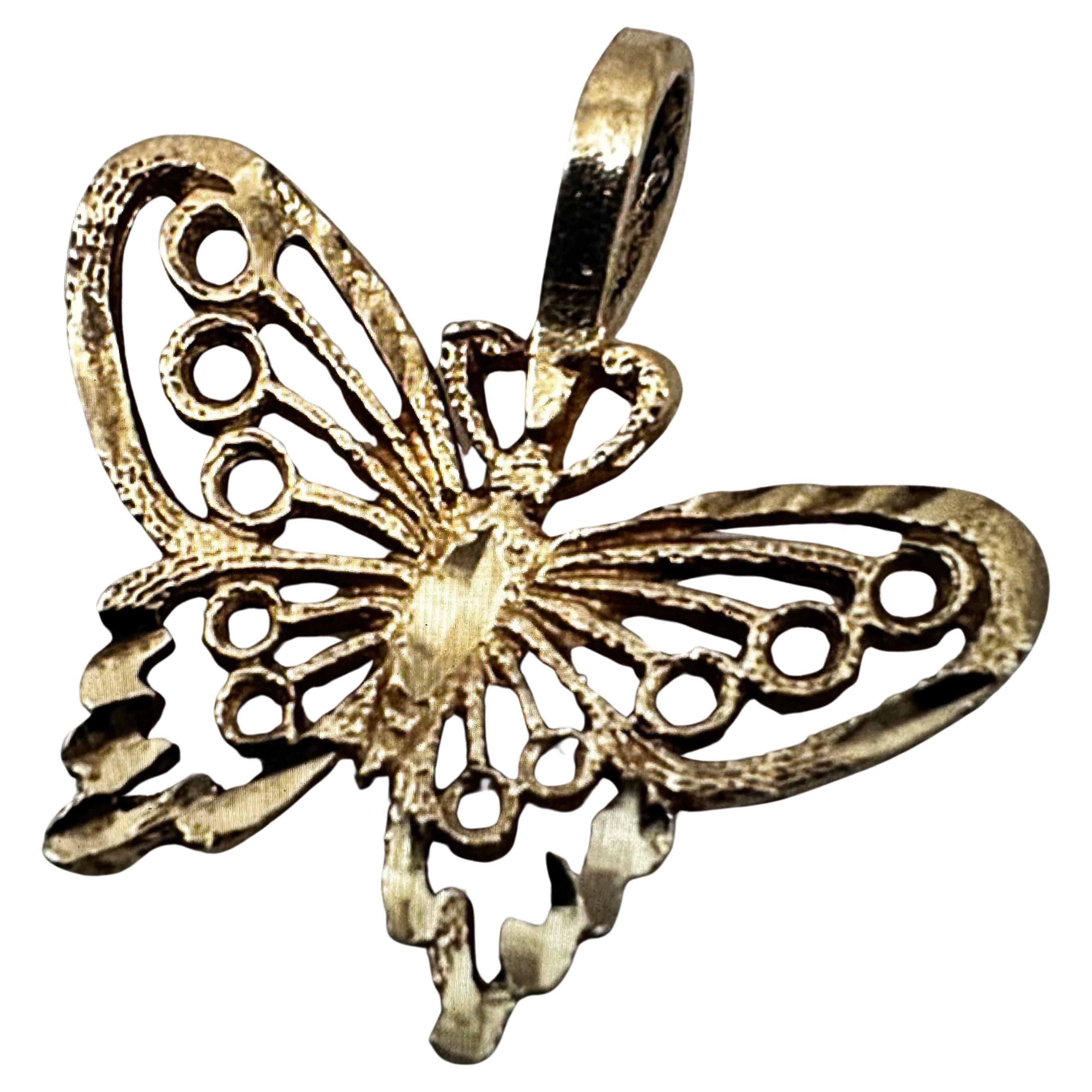 14k Yellow Gold  Diamond Cut  3/4" Butterfly Charm Pendant For Sale