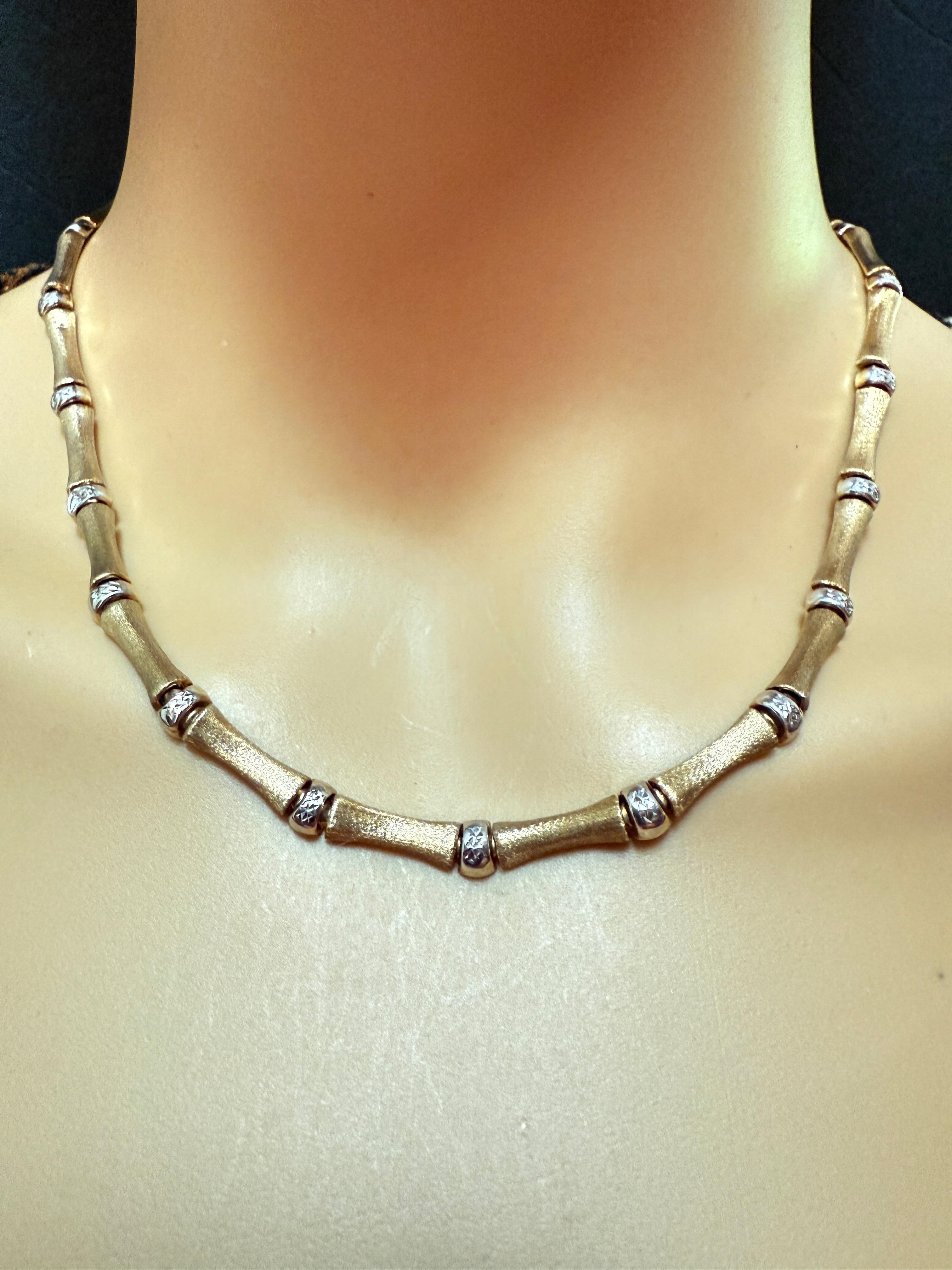 Art déco Collier de bambou en or jaune 14k et connecteurs taillés en diamant 17
