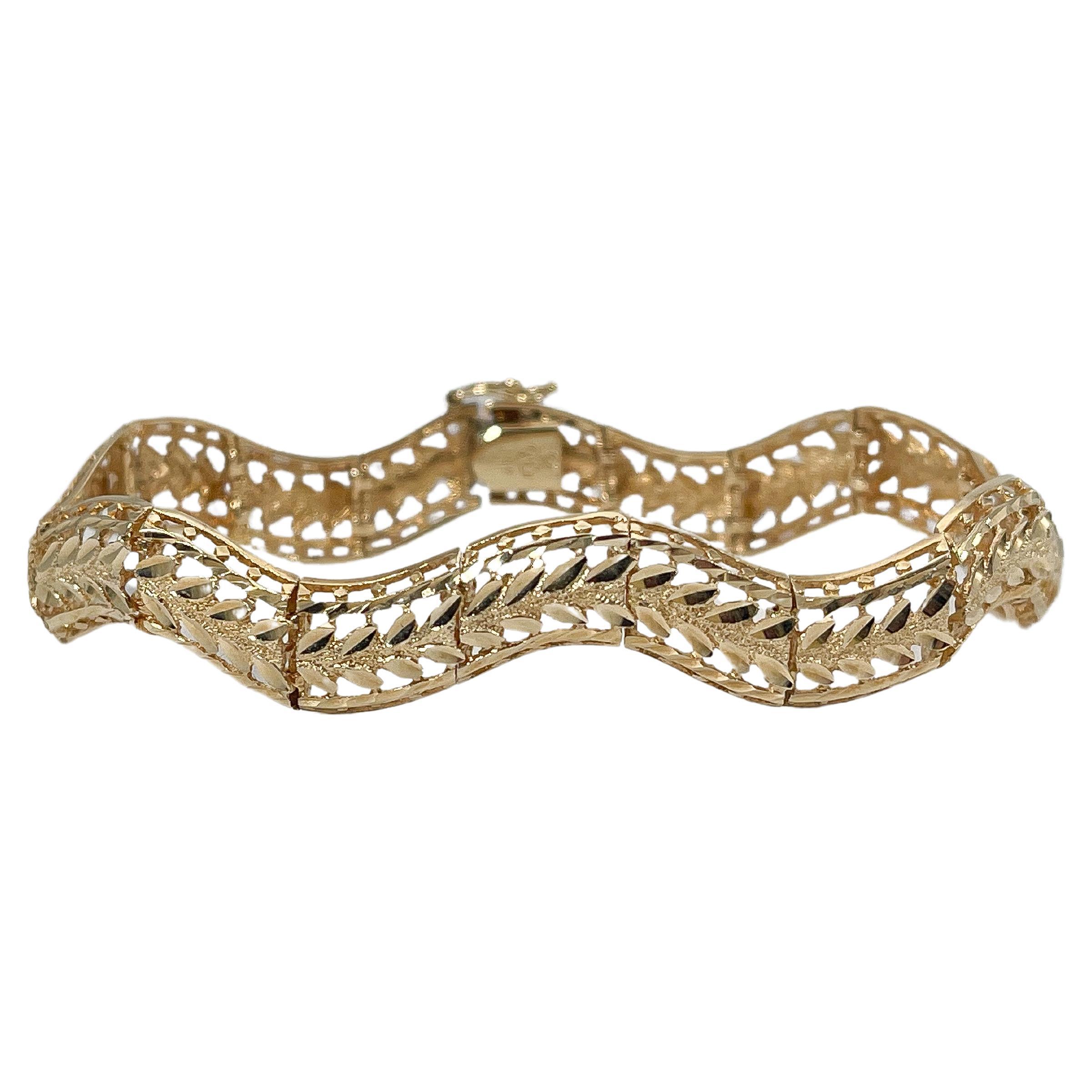 14K Yellow Gold Diamond Cut Wave Bracelet  For Sale