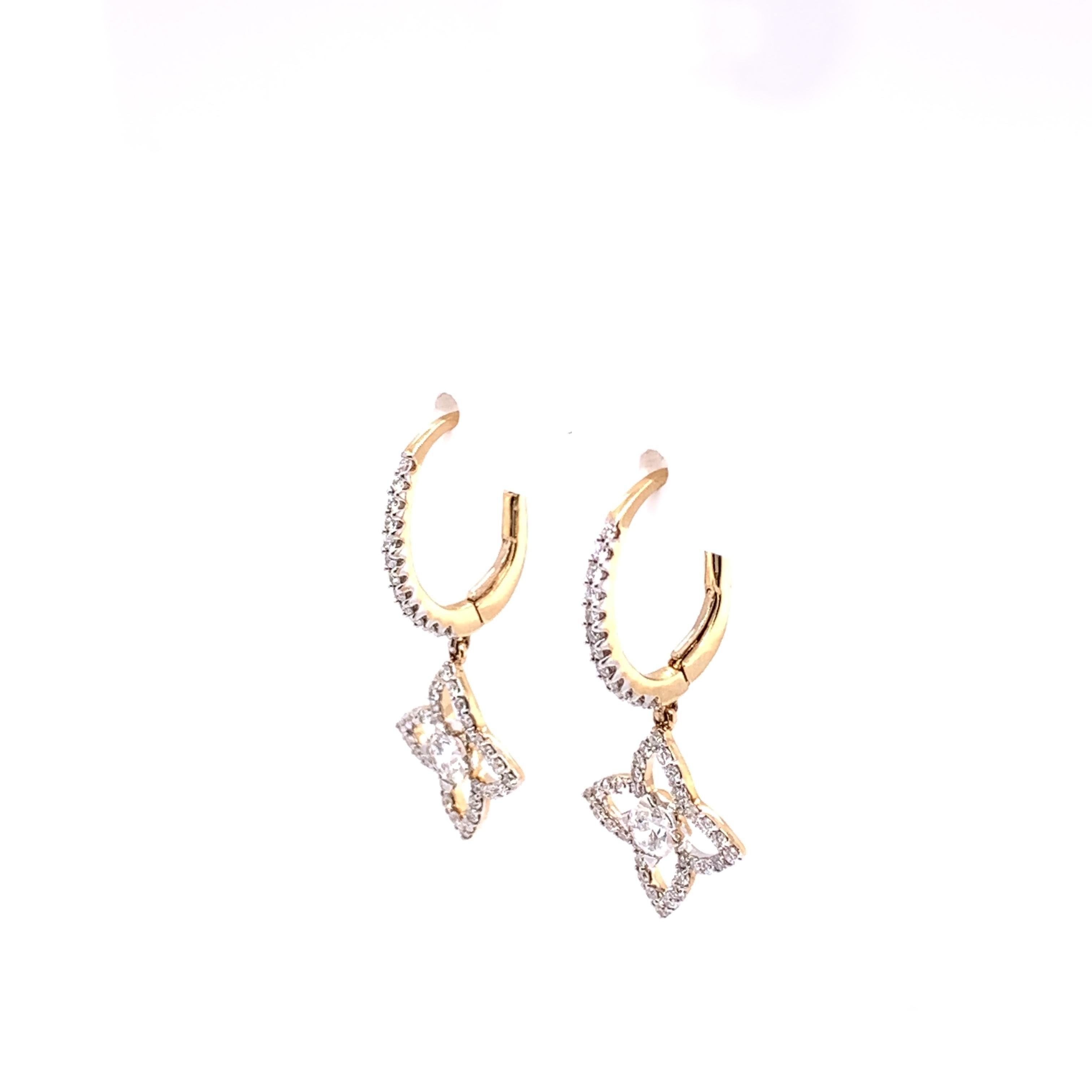 Taille ronde Pendants d'oreilles en or jaune 14 carats avec diamants en vente