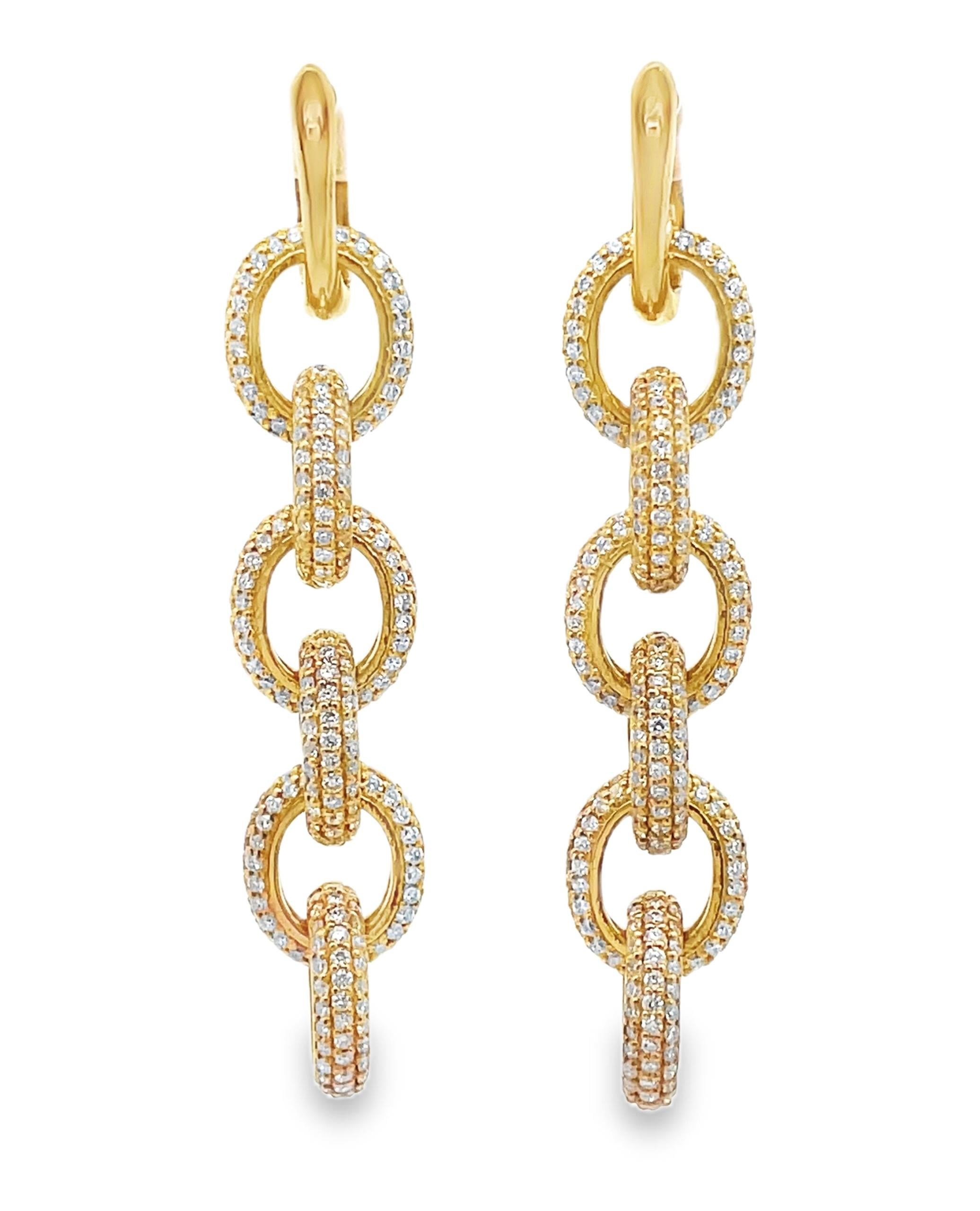 Contemporary 14K Yellow Gold Diamond Dangle Link Earrings For Sale