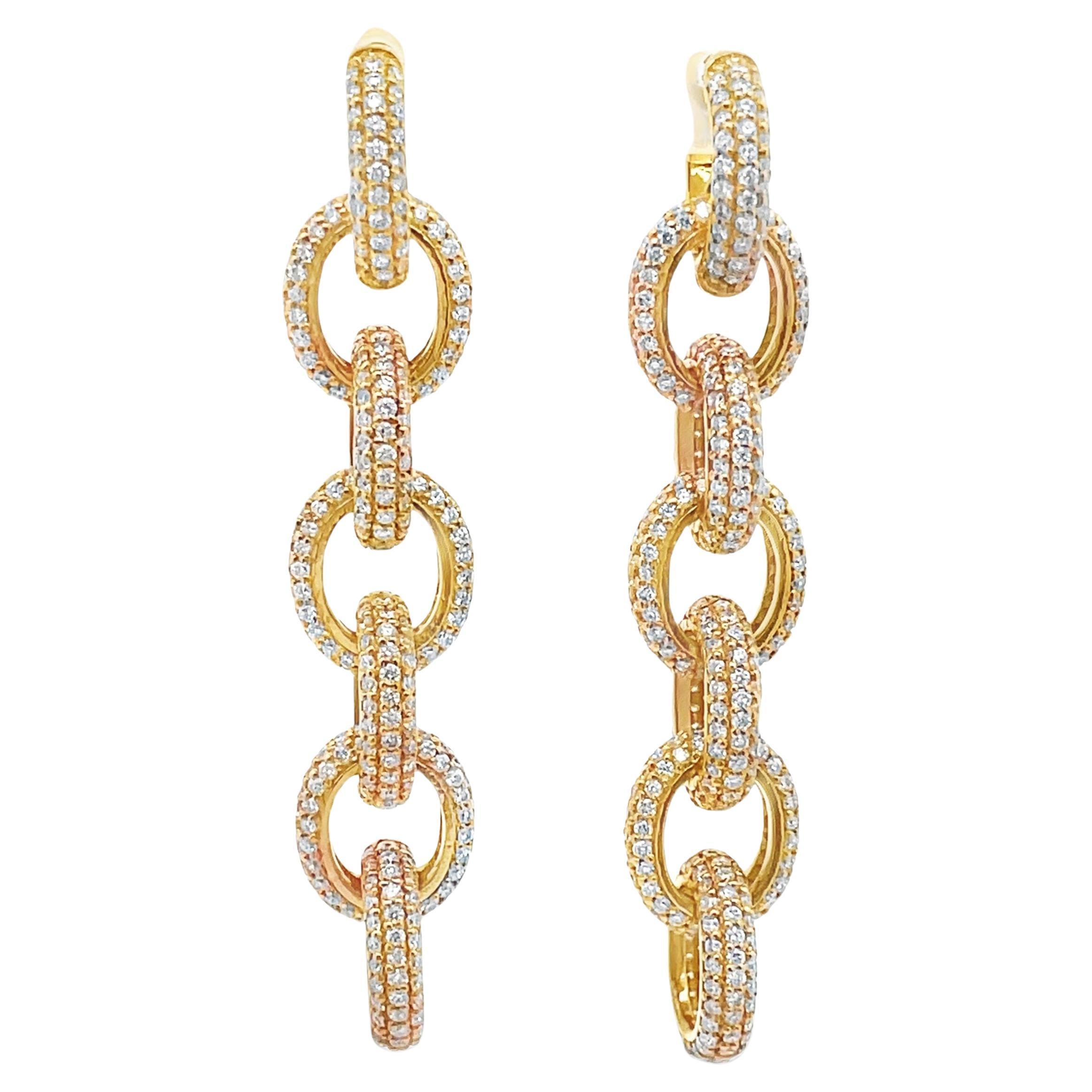 14K Yellow Gold Diamond Dangle Link Earrings