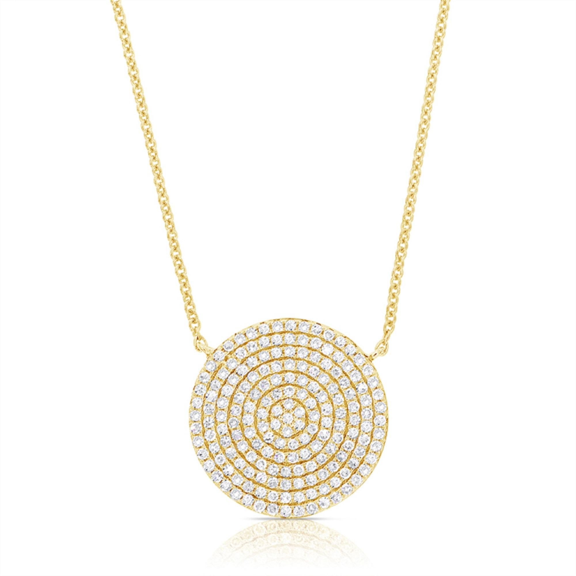 Baguette Cut 14K Yellow Gold Diamond Disc Necklace for Her For Sale