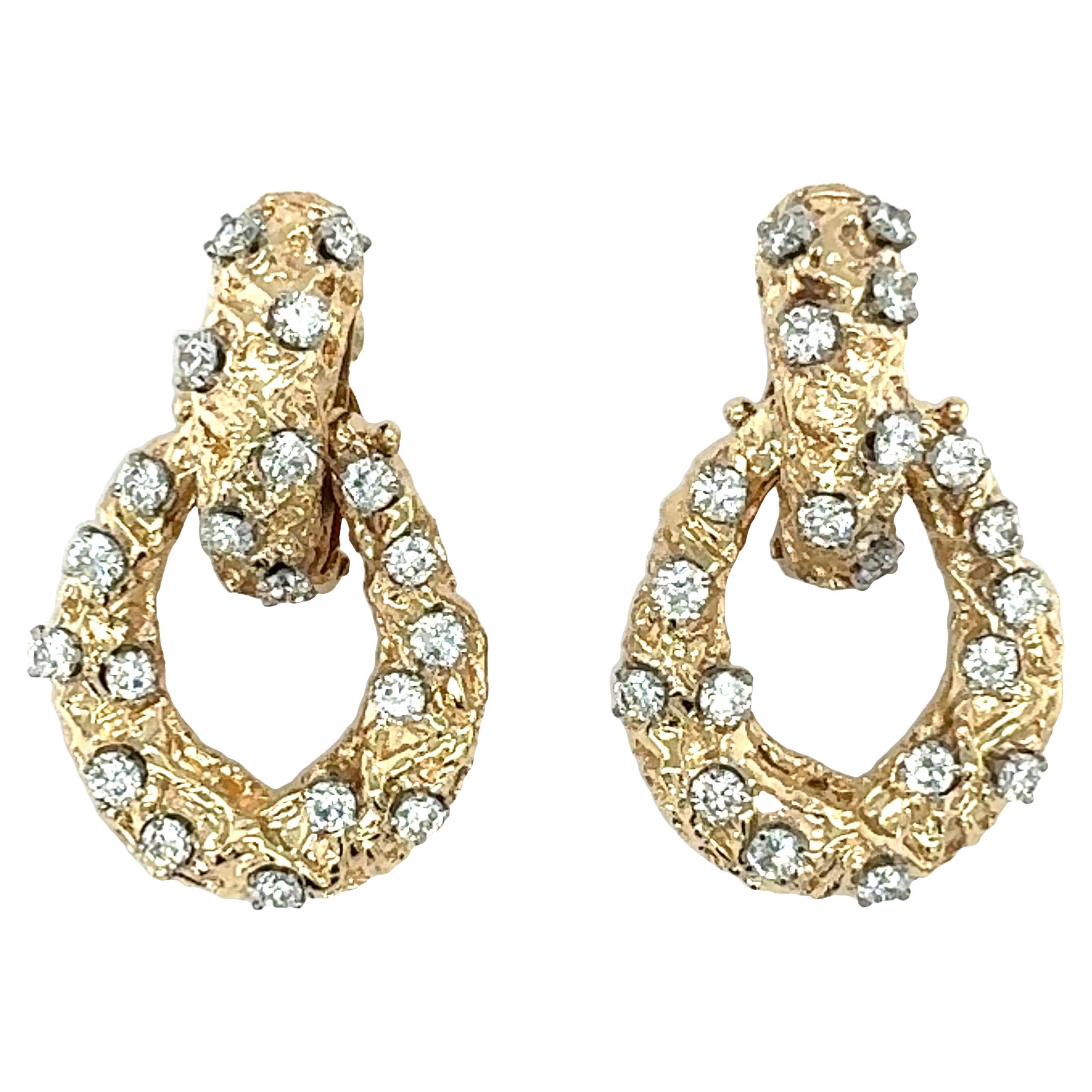 14K Yellow Gold Diamond Doorknocker Earrings For Sale