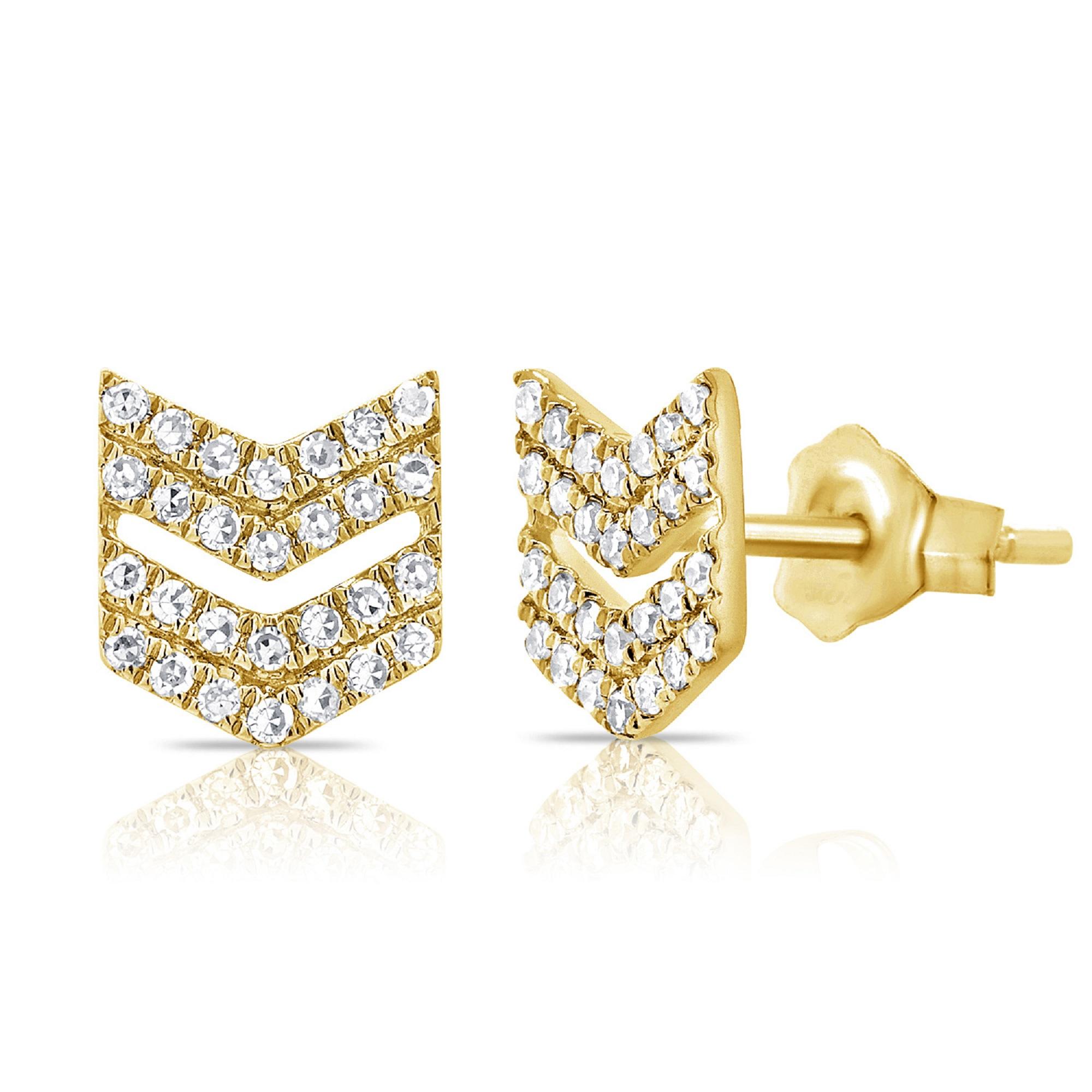 Single Cut 14K Yellow Gold Diamond Double Arrow Stud Earrings for Her For Sale