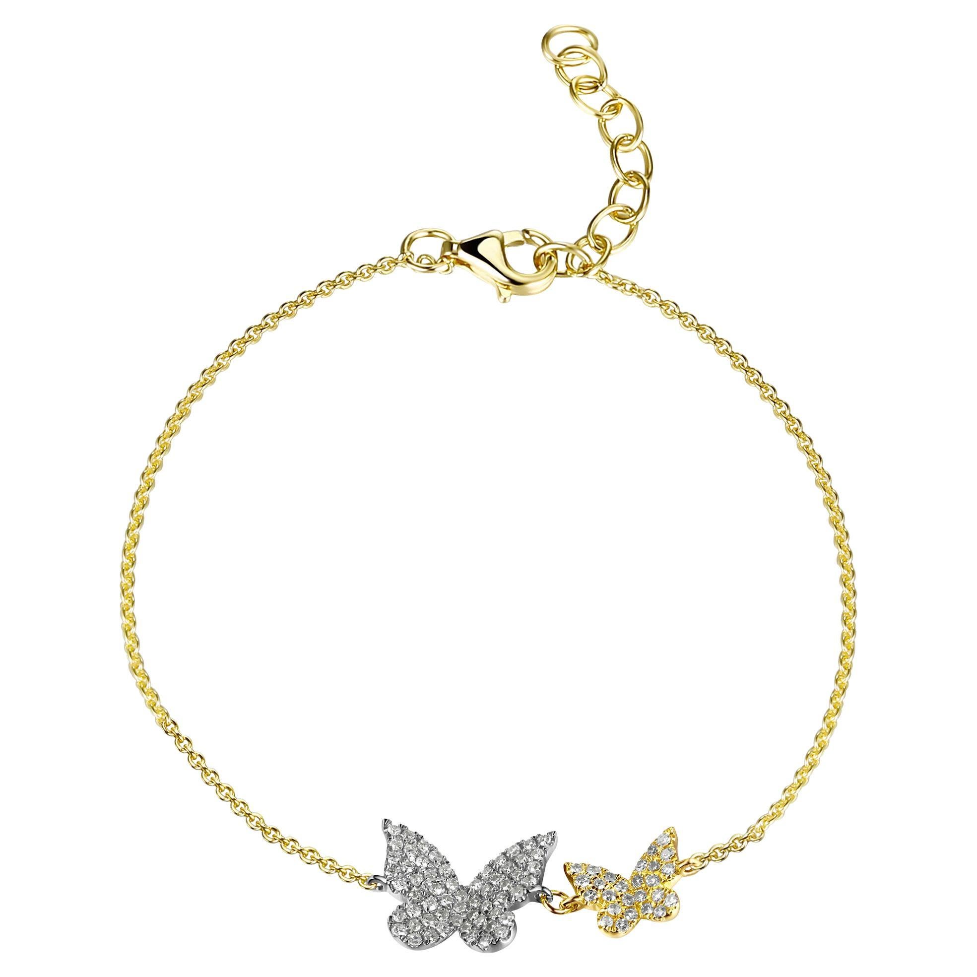 14K Yellow Gold Diamond Double Butterfly Chain Bracelet for Her For Sale