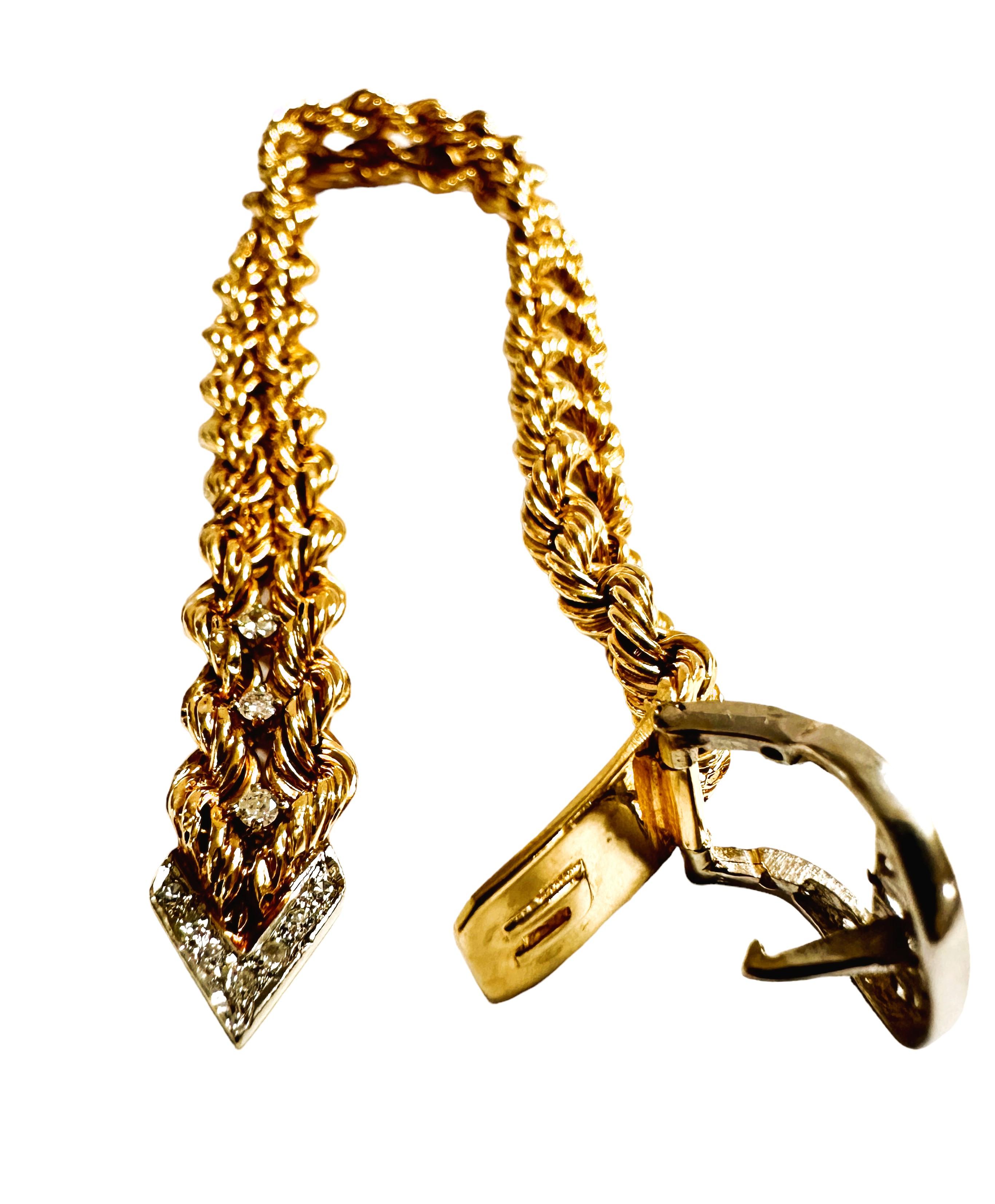 Art Deco 14k Yellow Gold & Diamond Double Rope Adjustable Buckle Bracelet w Appraisal For Sale