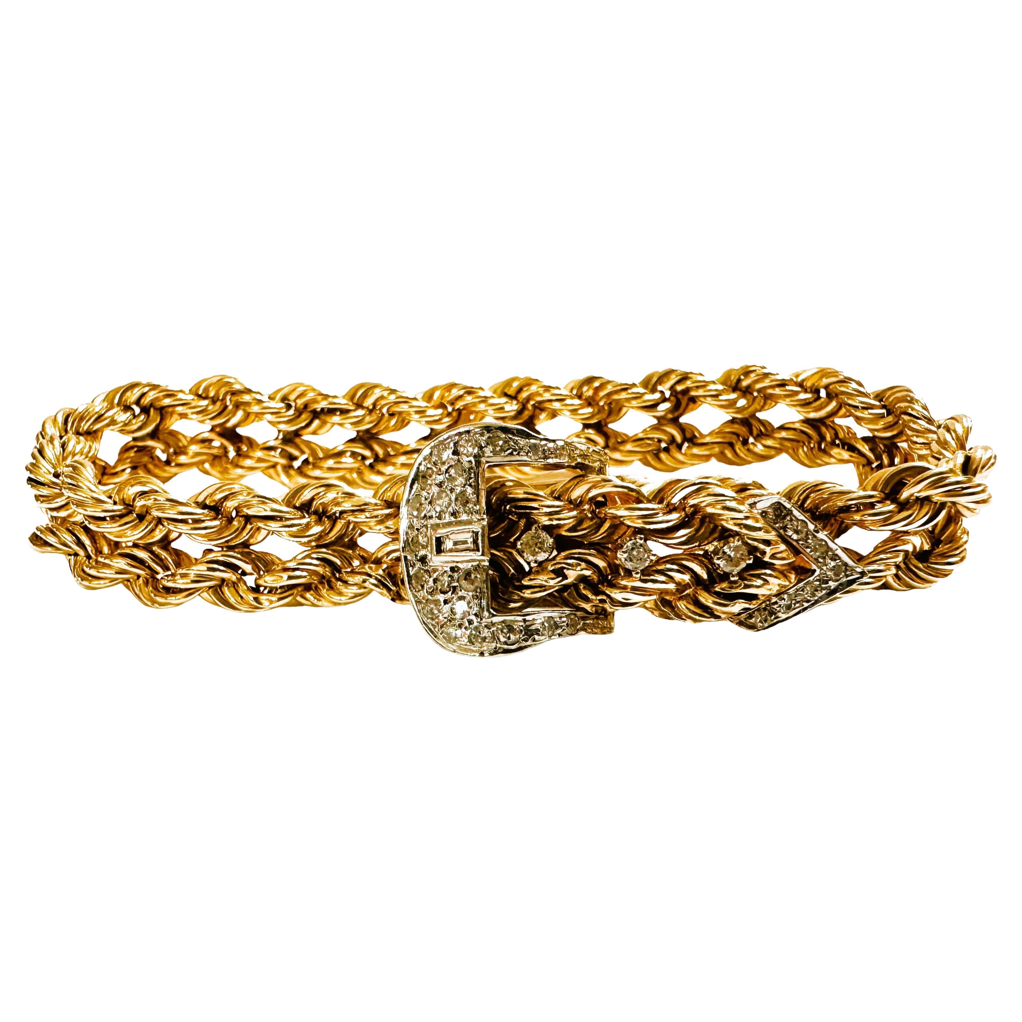14k Yellow Gold & Diamond Double Rope Adjustable Buckle Bracelet w Appraisal For Sale