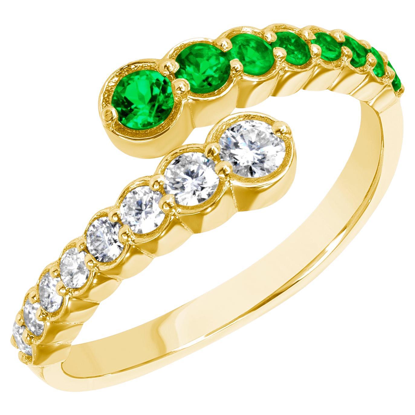 14K Yellow Gold Diamond & Emerald Bezel Bypass Ring Band  For Sale