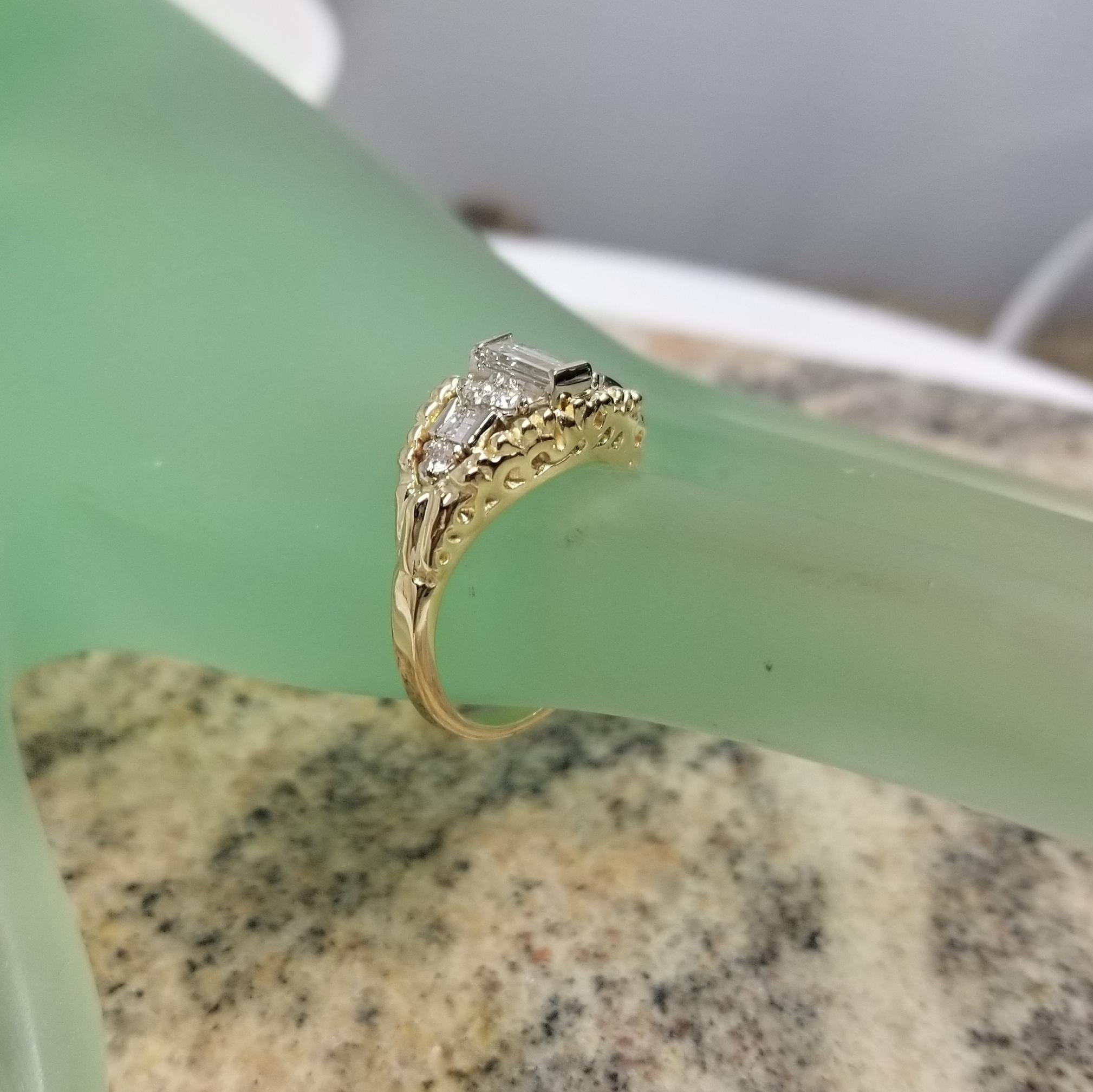 14k Yellow Gold Diamond Emerald Cut Diamond Ring with White Gold Insert 3