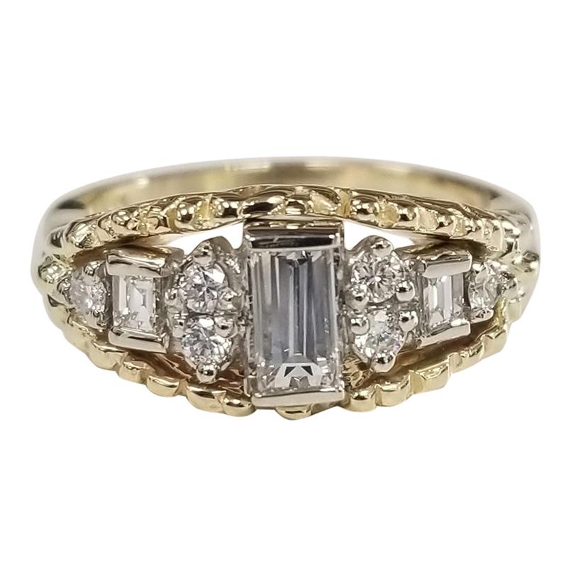 14k Yellow Gold Diamond Emerald Cut Diamond Ring with White Gold Insert