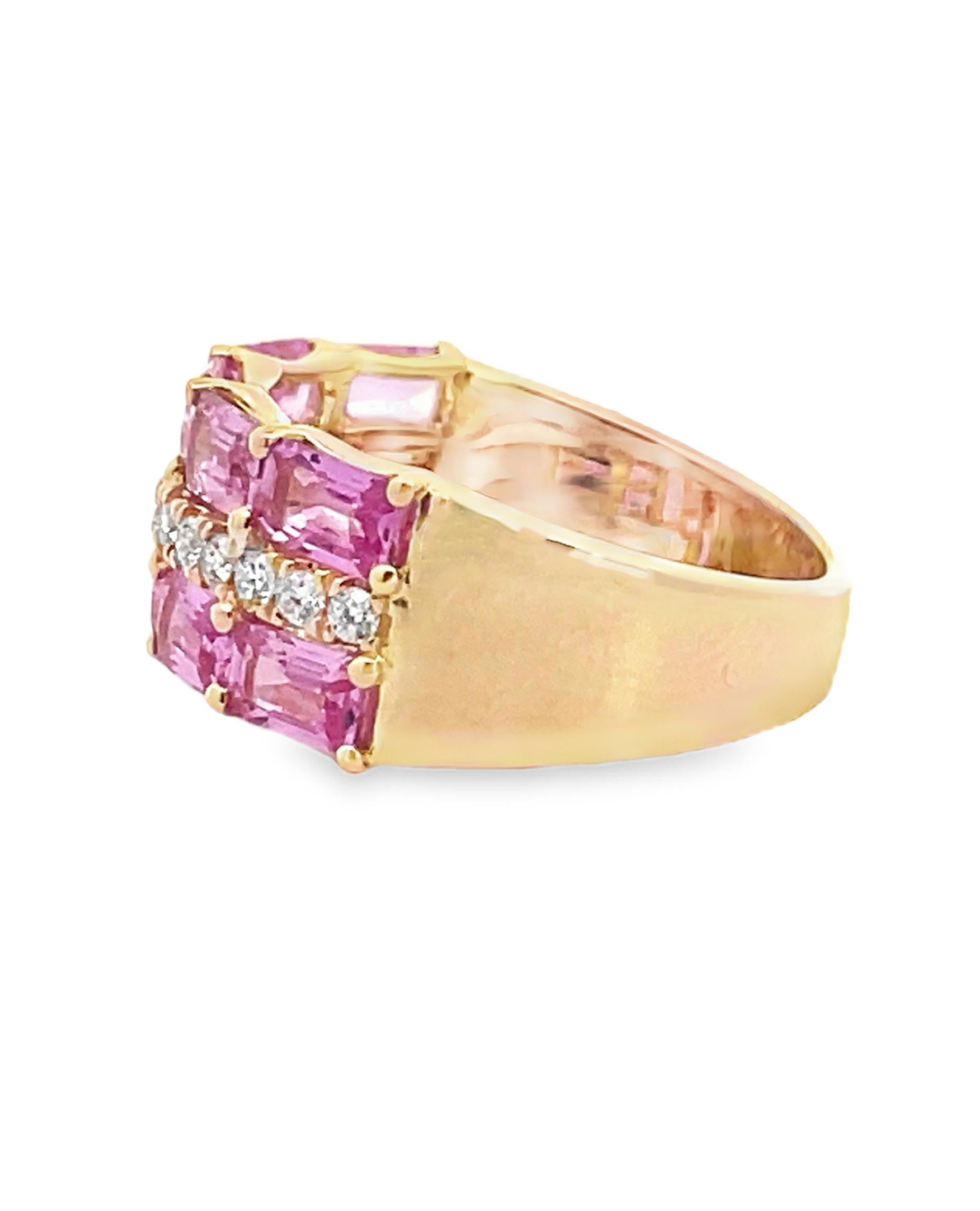 Contemporary Three Row Emerald Cut Pink Sapphire and Diamond Ring in 14K Yellow Gold For Sale
