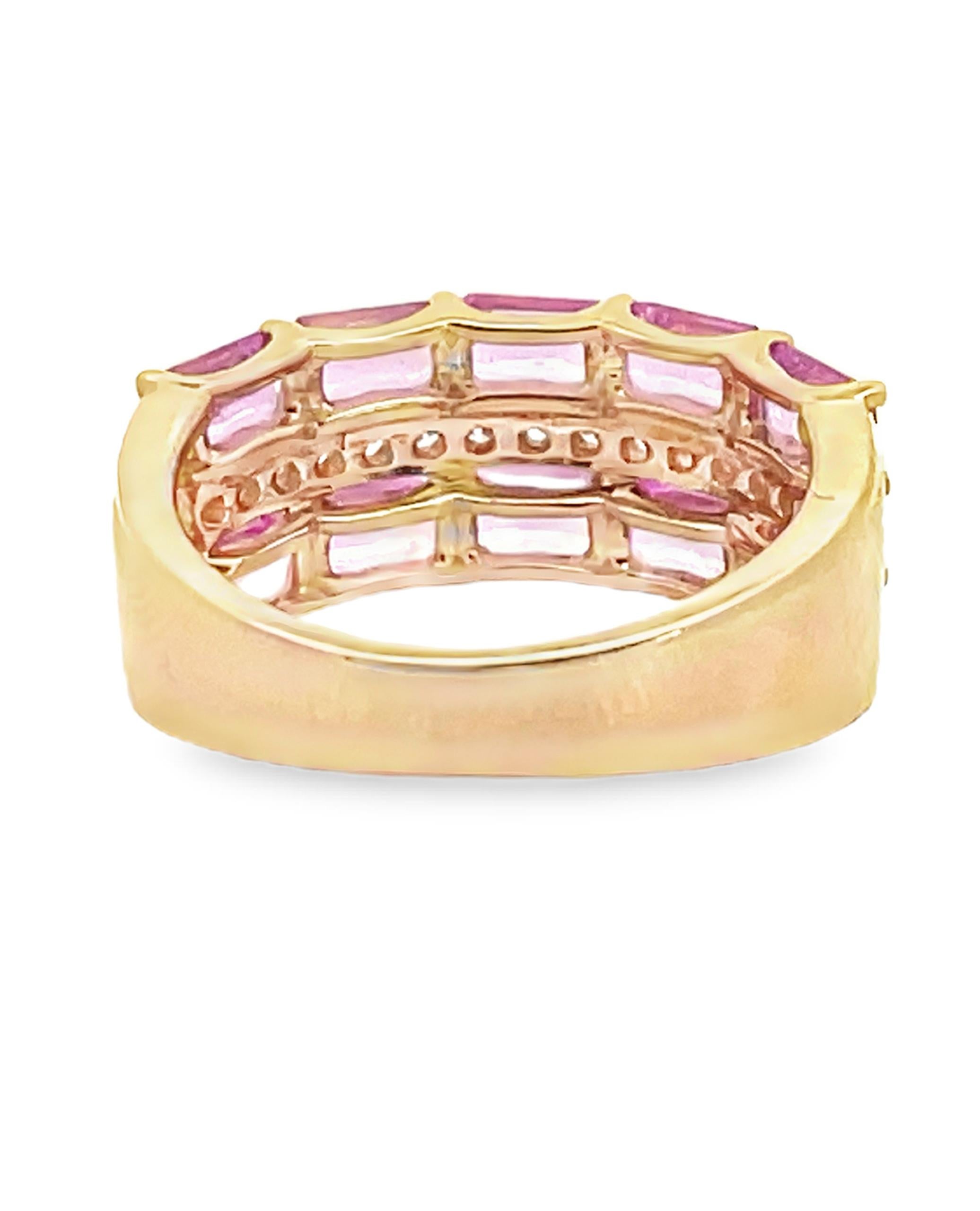 Mixed Cut Three Row Emerald Cut Pink Sapphire and Diamond Ring in 14K Yellow Gold For Sale