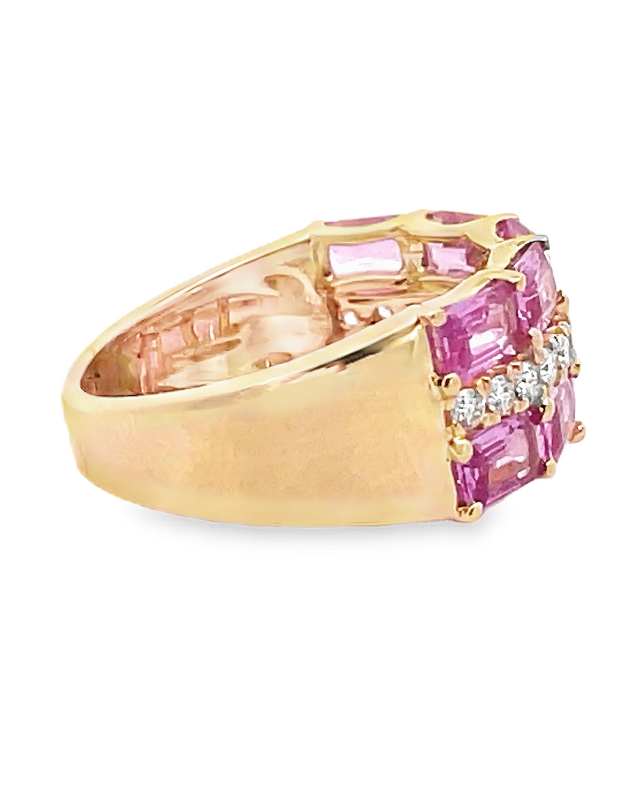 Three Row Emerald Cut Pink Sapphire and Diamond Ring in 14K Yellow Gold In New Condition For Sale In Old Tappan, NJ