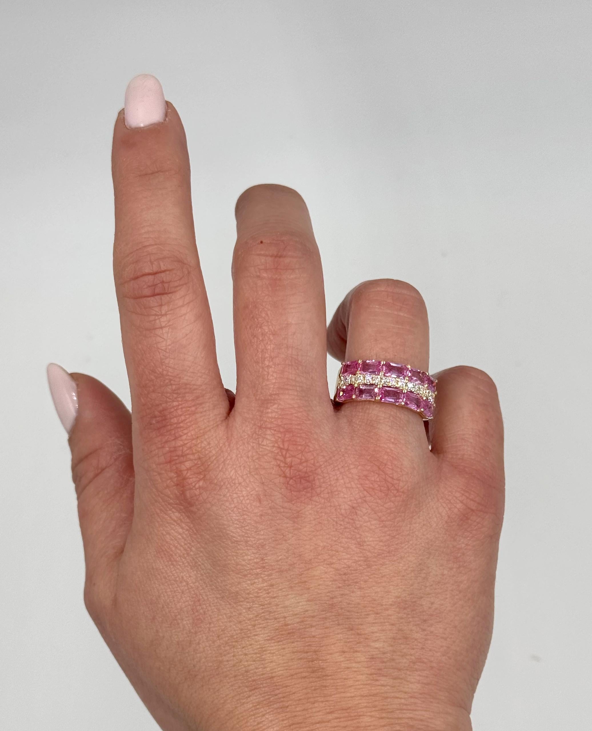 Women's Three Row Emerald Cut Pink Sapphire and Diamond Ring in 14K Yellow Gold For Sale