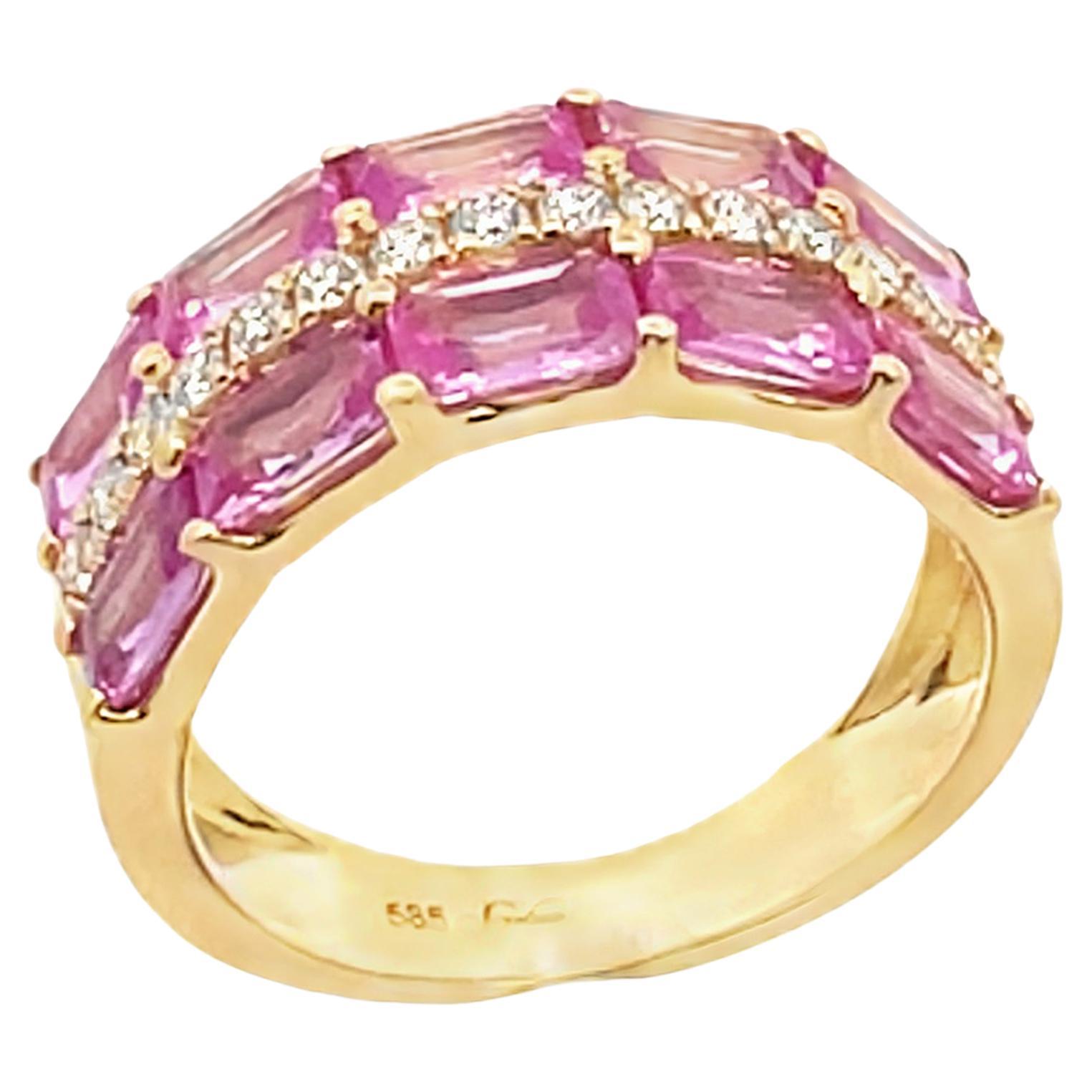 Three Row Emerald Cut Pink Sapphire and Diamond Ring in 14K Yellow Gold