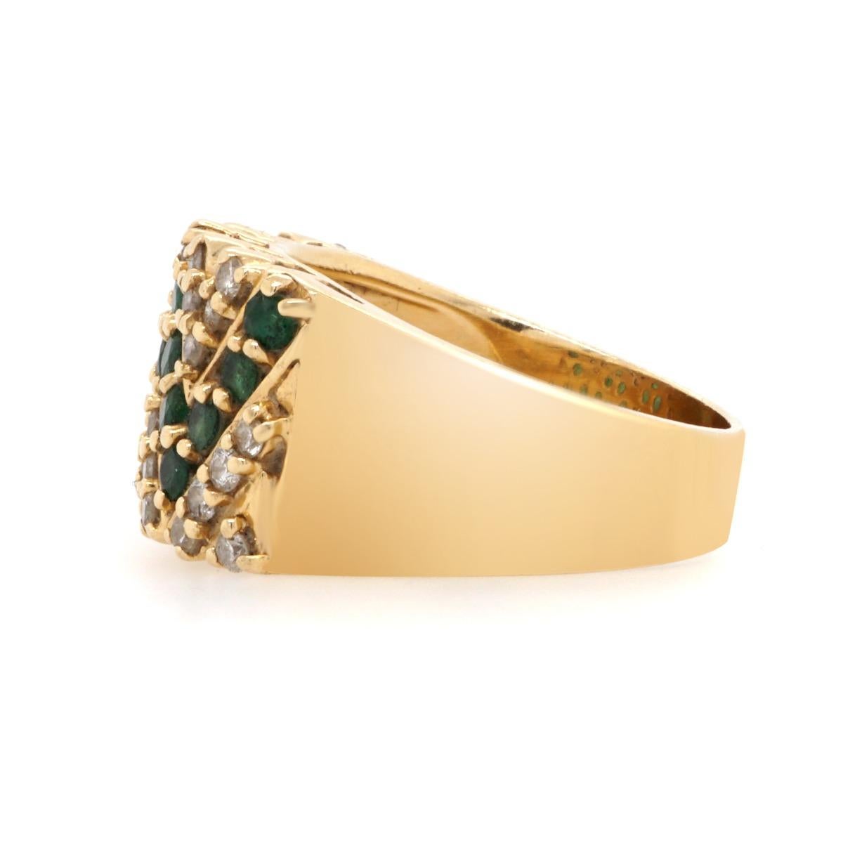 Modern 14 Karat Yellow Gold Diamond Emerald Estate Band Ring For Sale