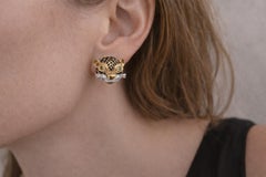 14k Gelbgold Diamant & Smaragd Augen Leopard Panther Kopf Clip auf Ohrringe