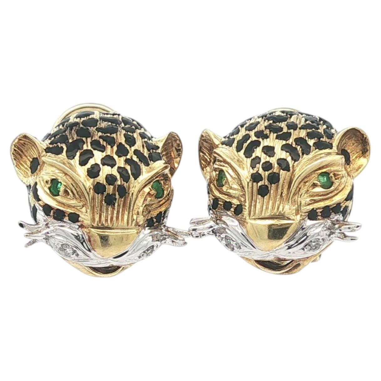 Orecchini a clip in oro giallo 14k con diamanti e occhi di smeraldo con testa di pantera leopardata