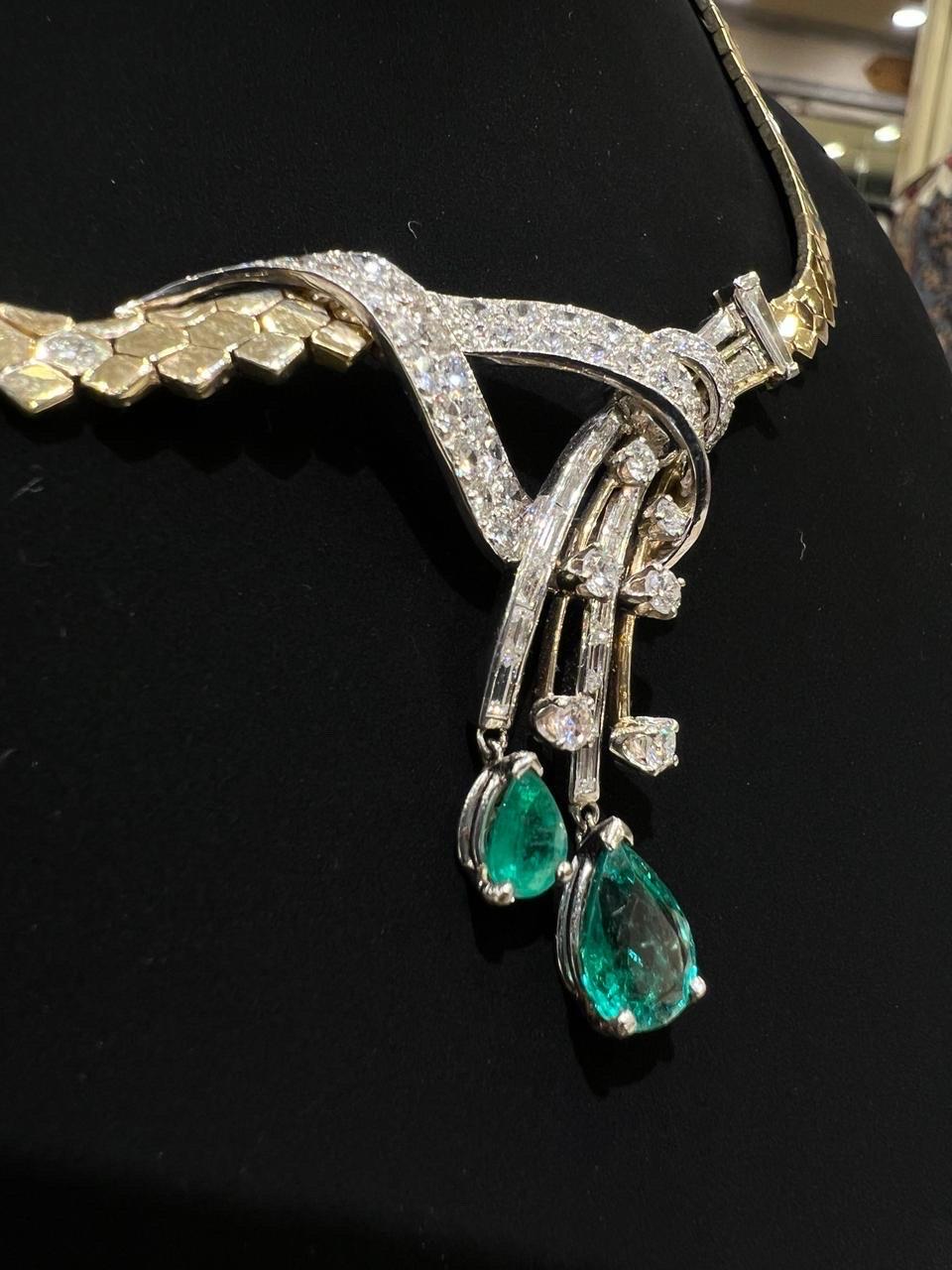 Women's or Men's 14K Yellow Gold Diamond & Emerald Necklace IGI Certified For Sale