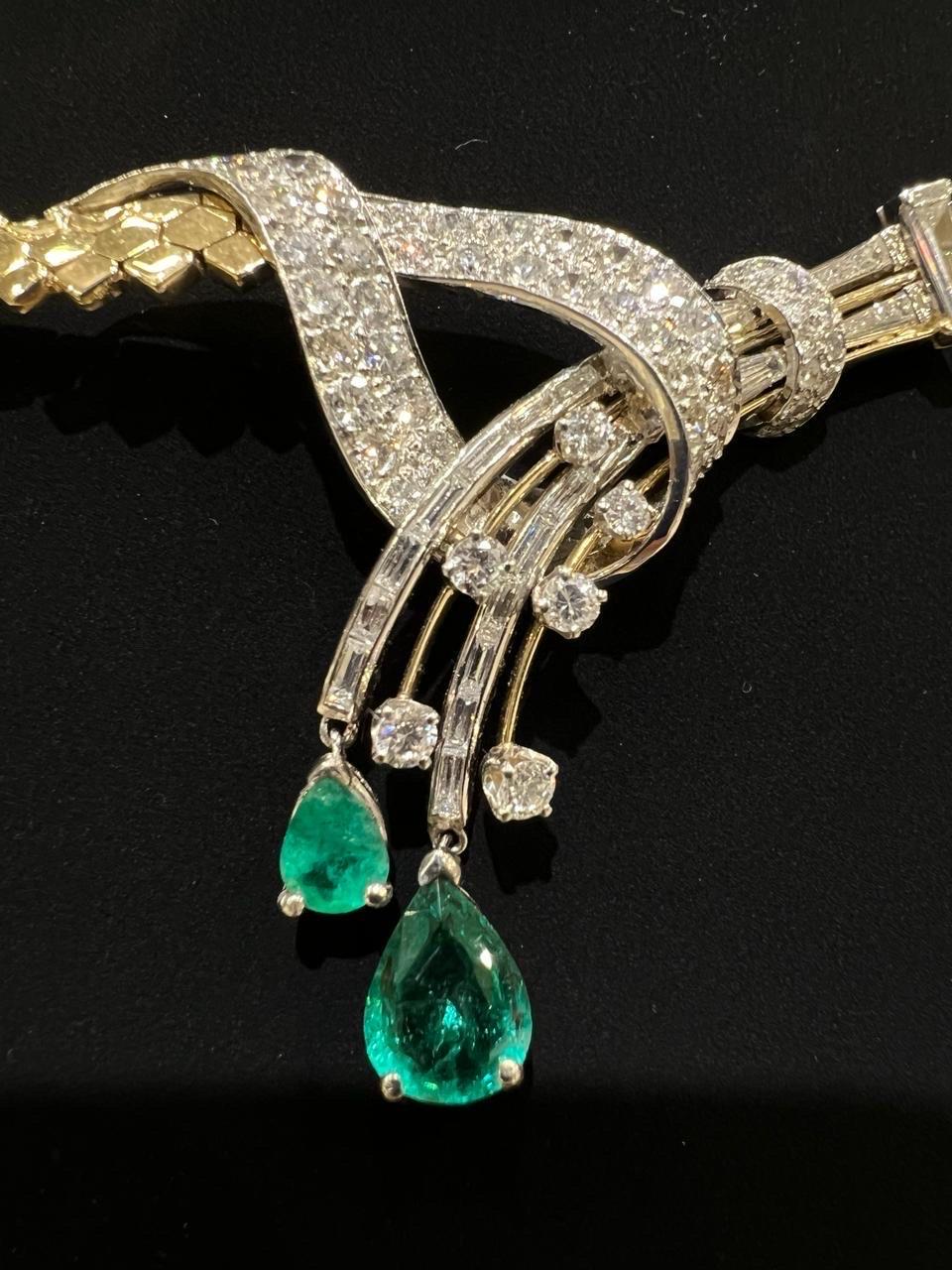 14K Yellow Gold Diamond & Emerald Necklace IGI Certified For Sale 2