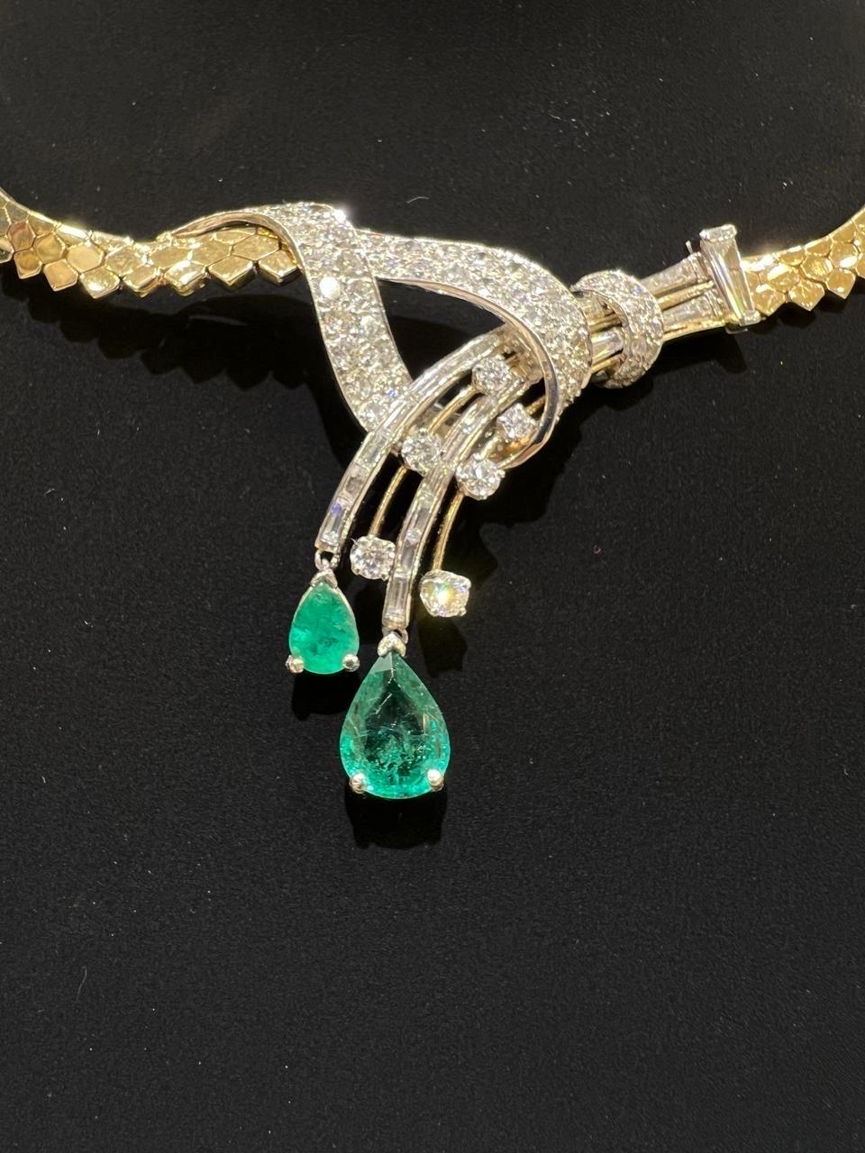 14K Yellow Gold Diamond & Emerald Necklace IGI Certified For Sale 3