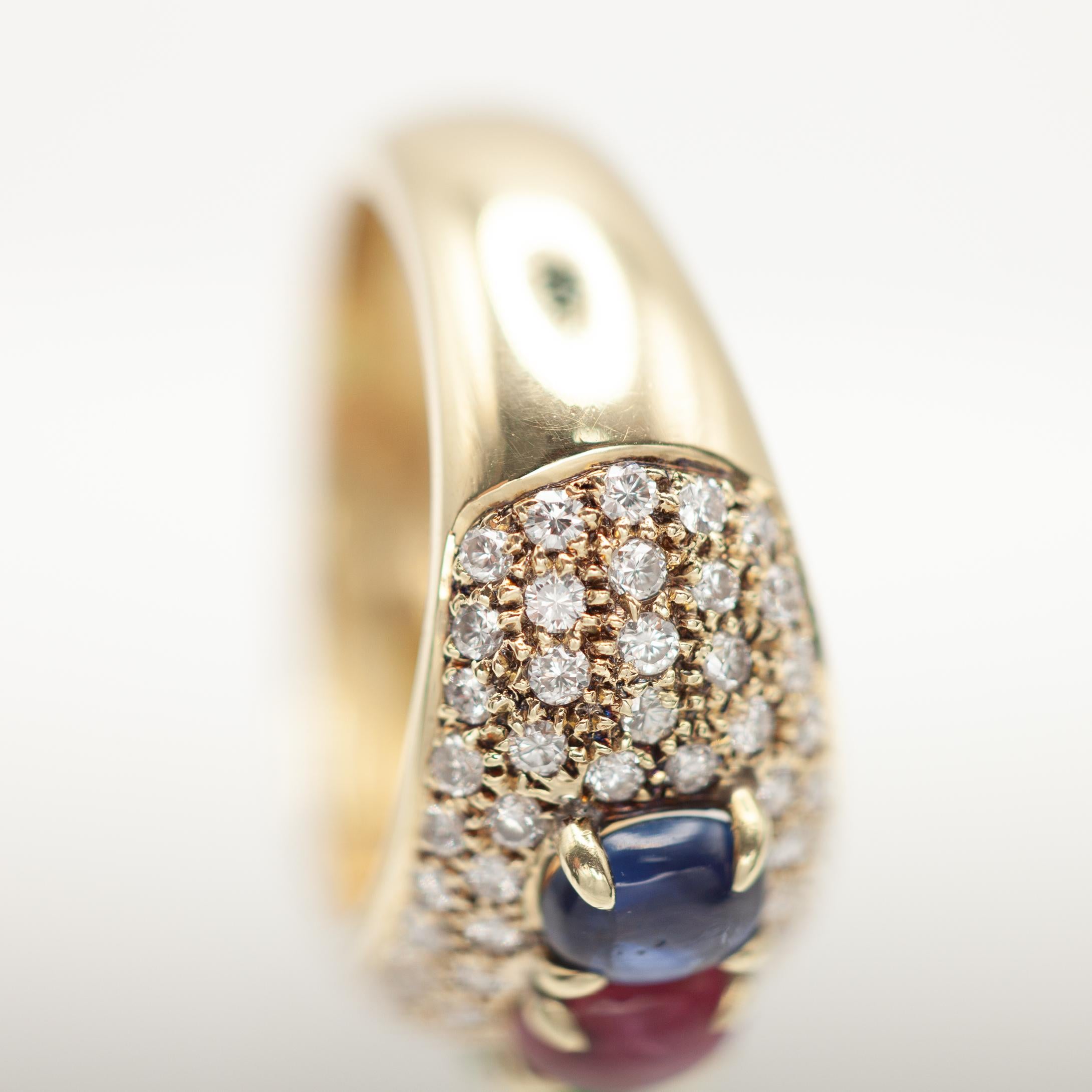 Brilliant Cut 14K Yellow Gold Diamond, Emerald Ruby and Sapphire Ring For Sale