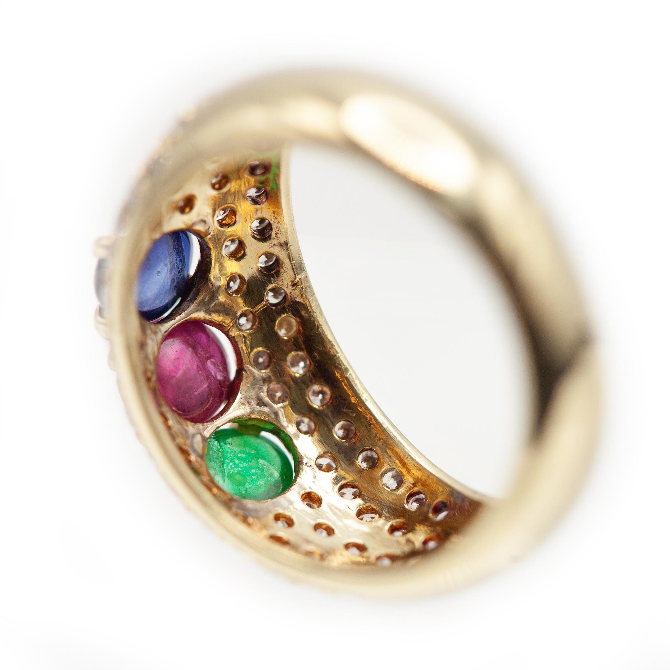 Women's or Men's 14K Yellow Gold Diamond, Emerald Ruby and Sapphire Ring For Sale