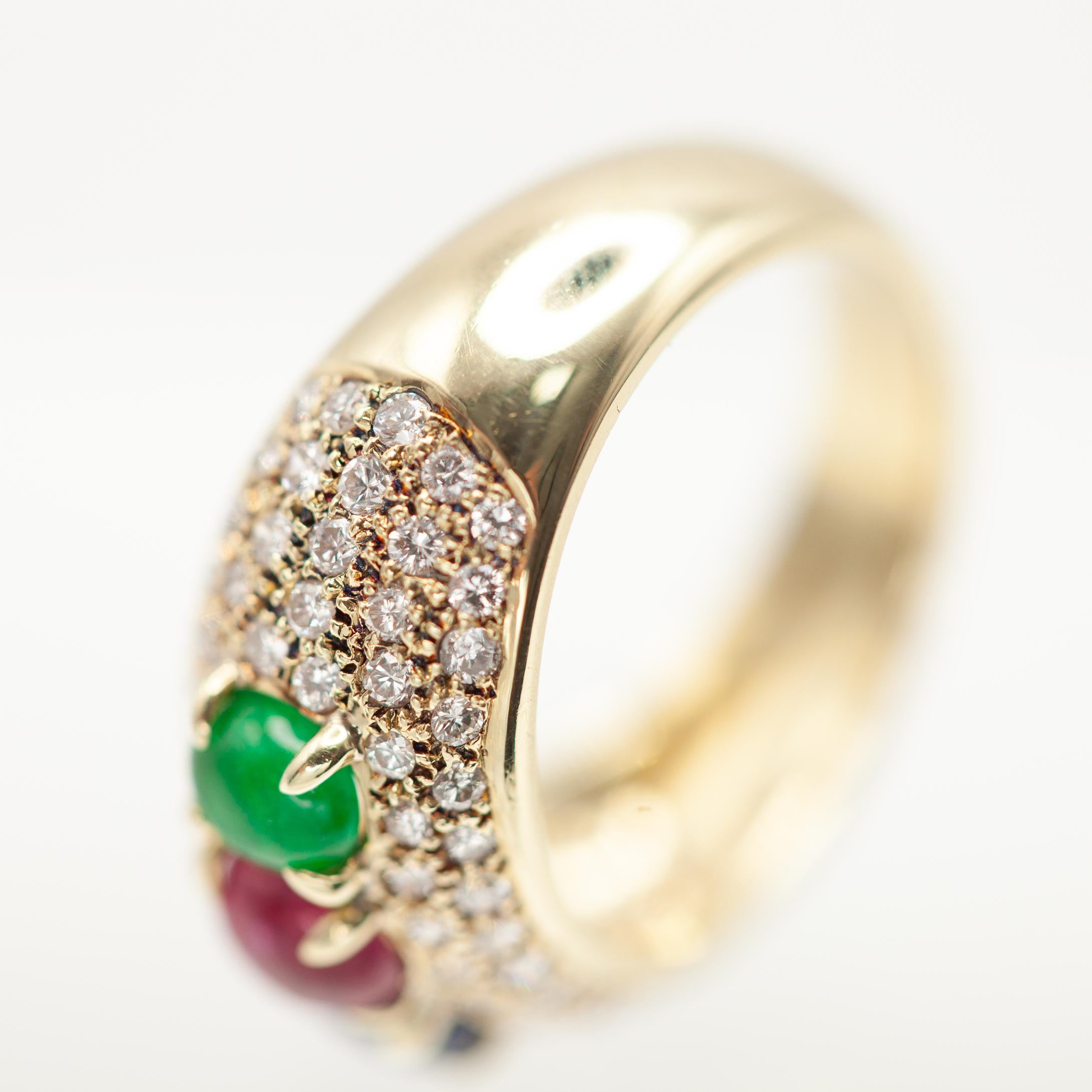14K Yellow Gold Diamond, Emerald Ruby and Sapphire Ring For Sale 1