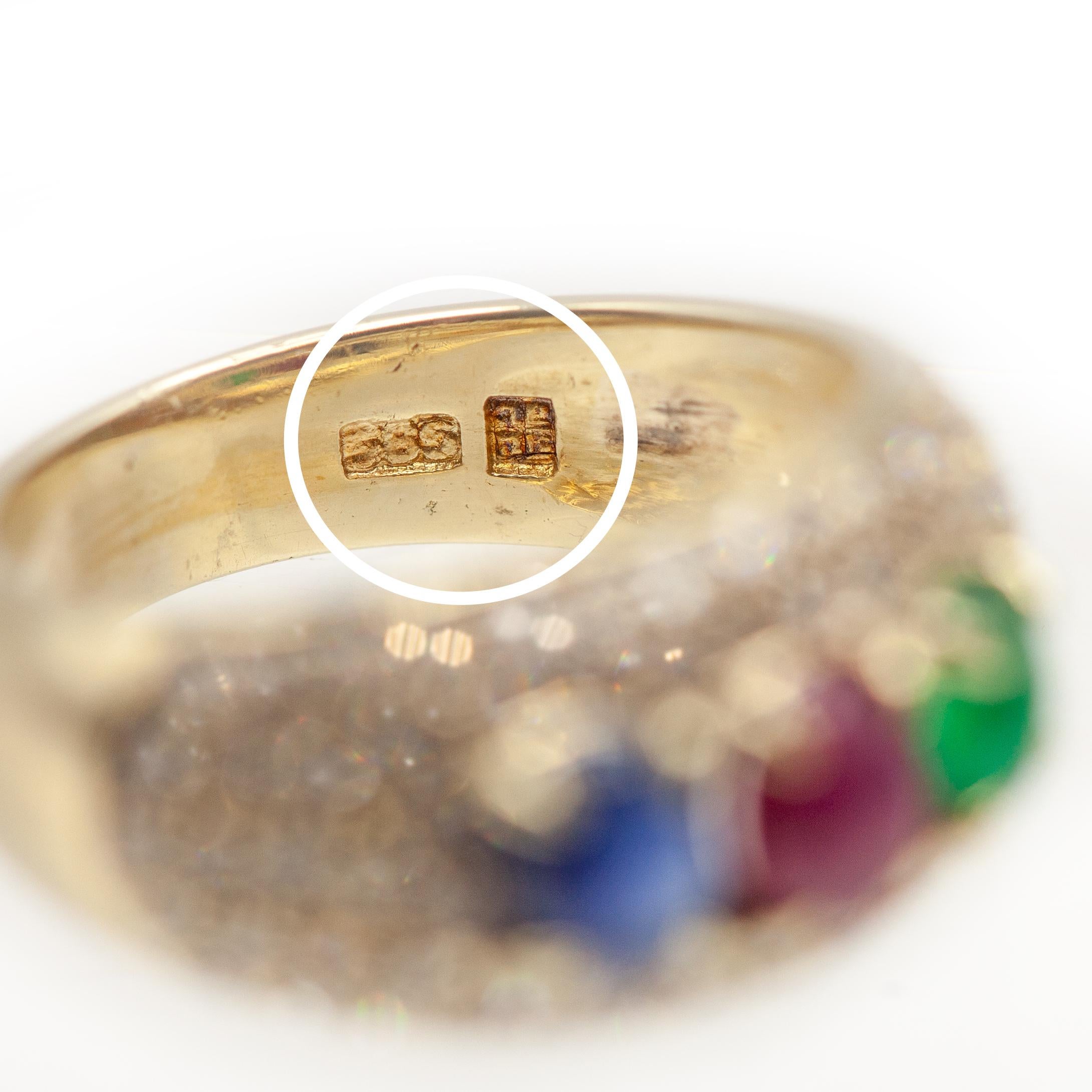 14K Yellow Gold Diamond, Emerald Ruby and Sapphire Ring For Sale 2