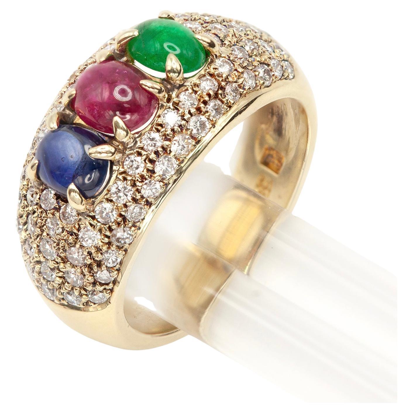14K Yellow Gold Diamond, Emerald Ruby and Sapphire Ring For Sale