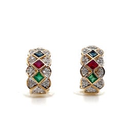 14K Yellow Gold Diamond Emerald Ruby Sapphire Cluster Omega Back Earrings 1980s