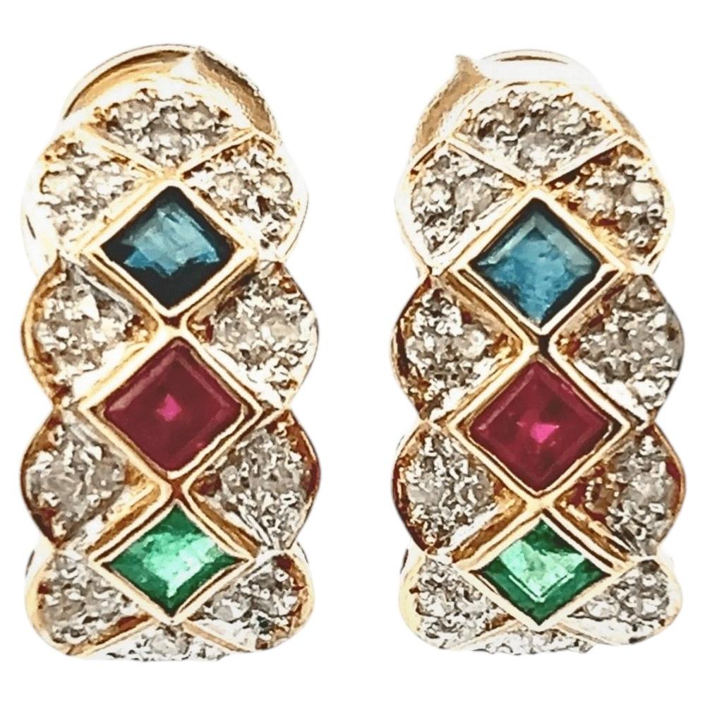 14K Yellow Gold Diamond Emerald Ruby Sapphire Cluster Omega Back Earrings 1980s