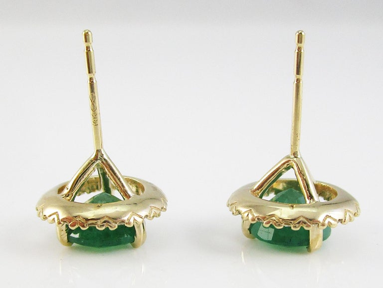 Contemporary 14 Karat Yellow Gold Diamond Emerald Stud Earrings