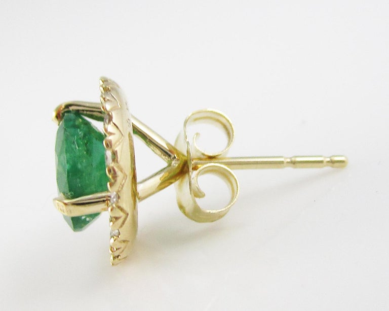 Round Cut 14 Karat Yellow Gold Diamond Emerald Stud Earrings